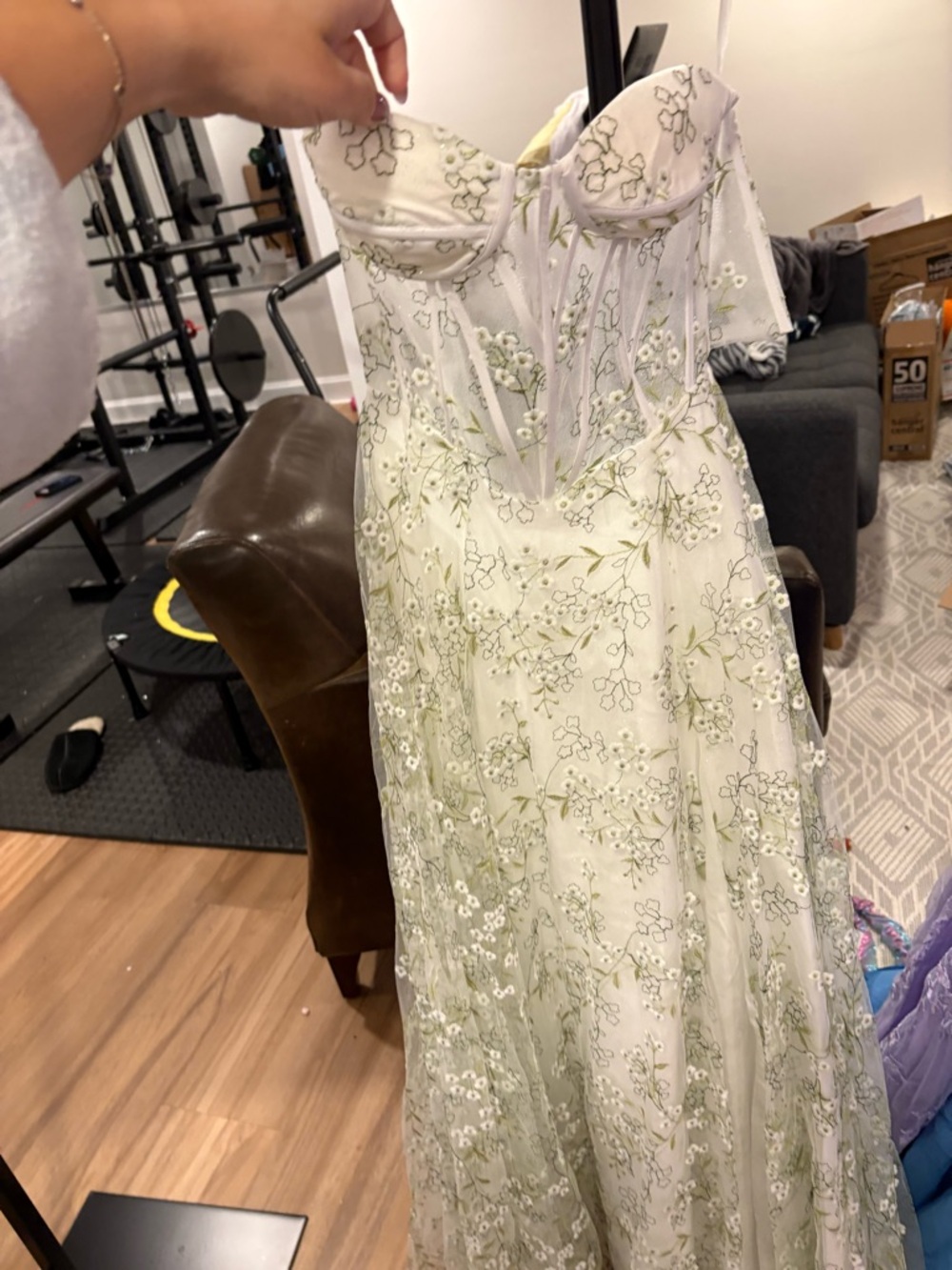 Floral Embroidered Strapless Prom Dress in Ivory and Sage